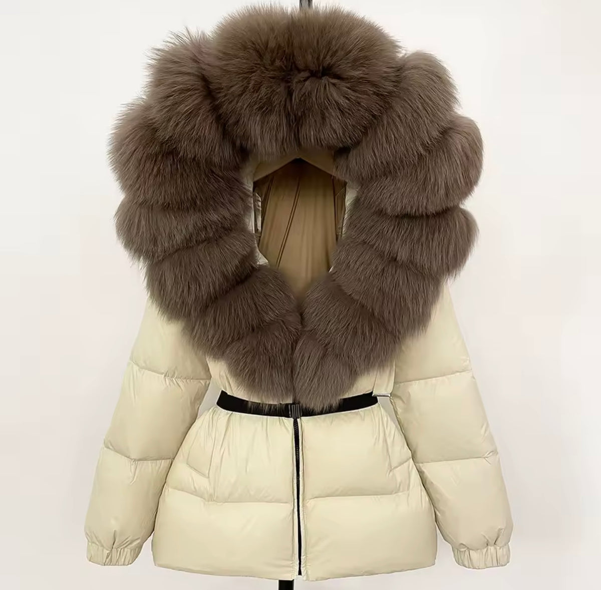 SHORT DUCK DOWN BELT REAL FUR HOODED COAT