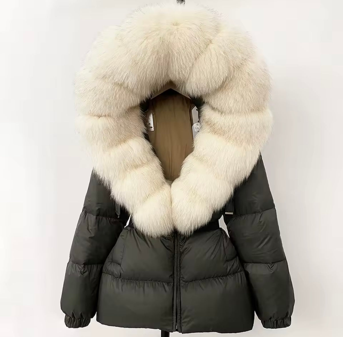 SHORT DUCK DOWN BELT REAL FUR HOODED COAT