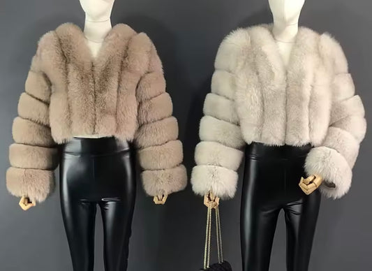 Cropped straight row real fox fur coat ( neutral colours )