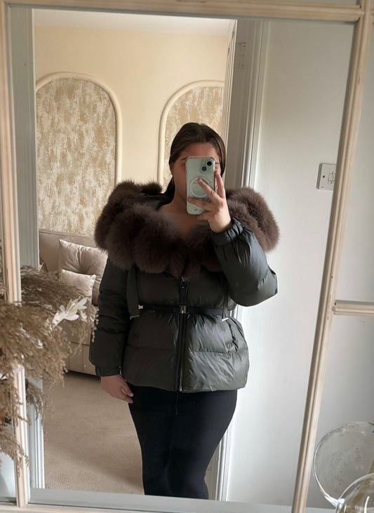 SHORT DUCK DOWN BELT REAL FUR HOODED COAT